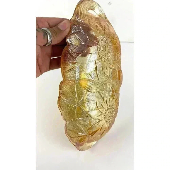 VTG Indiana Carnival Glass Marigold Trinket Dish Handles Embossed Floral Oval - Picture 5 of 11